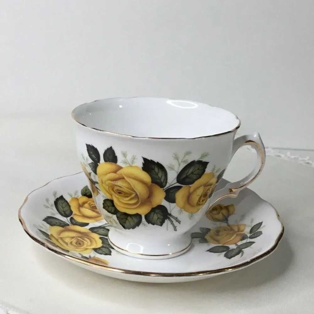 Royal Vale Yellow/Green Rose Tea Cup & Saucer‎ Set Bone China England